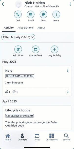 GIF image displaying the HubSpot mobile app on iOS. A contact "Nick Halden" is displayed. The user taps a note to view an attached image.