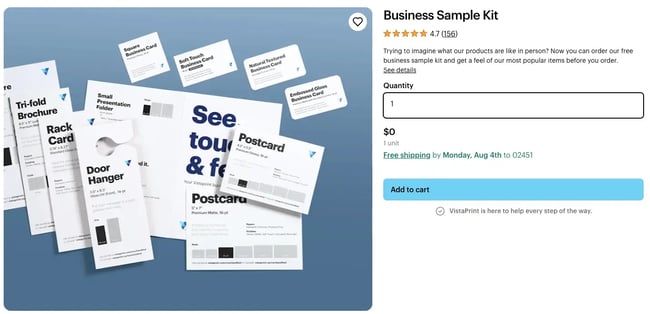 vistaprint business sample kit showing various print materials including business cards, brochures, postcards, and door hangers with order form and customer reviews