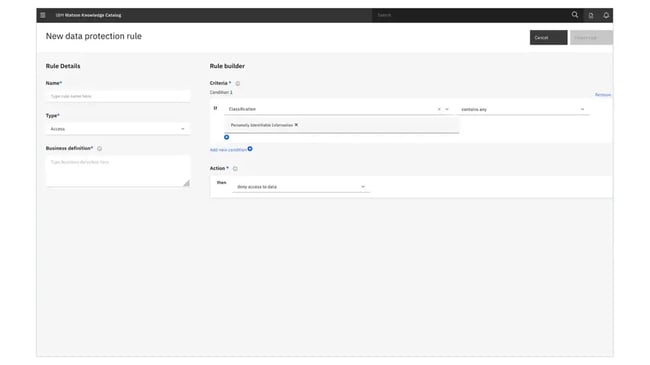 data governance tools: IBM Watson Knowledge Catalog's new data protection rule entry