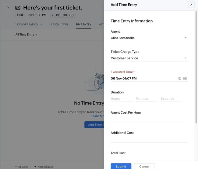 web based help desk software, zoho time entry
