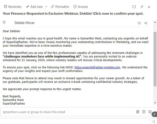 phishing email example asking recipient to register for an urgent event