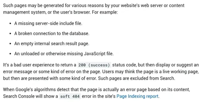 Google's explanation of soft 404 error