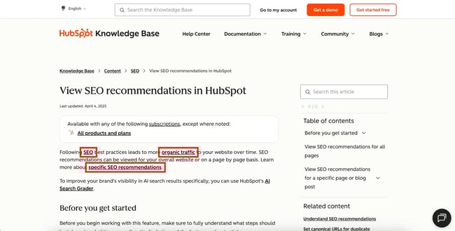 website audit, internal linking example
