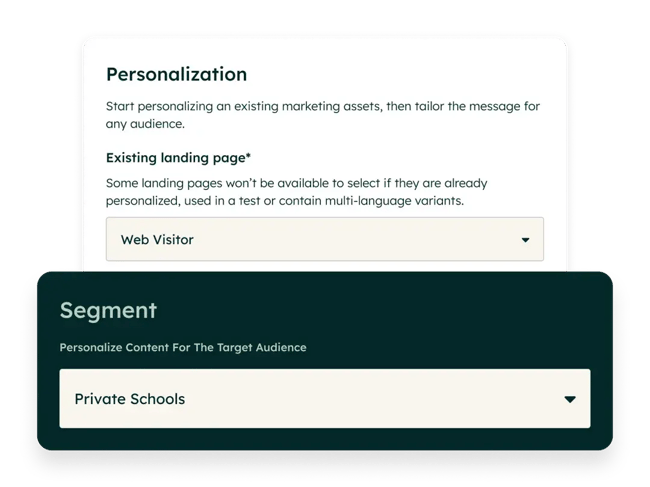 website editor interface showing personalization token options for inserting company-specific fields into page content, customer journey personalization-1