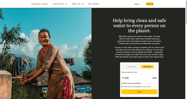 website home page design, charity water
