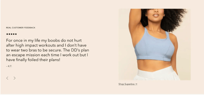 website metrics social proof example showing a real customer testimonial for a superbra