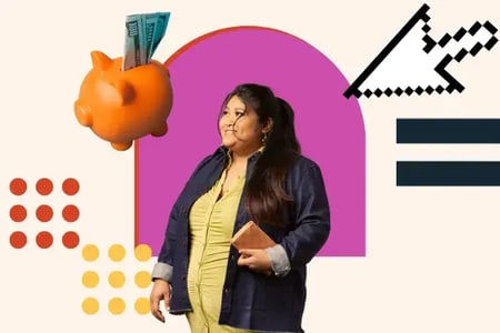 website design costs represented by a woman with her wallet and a piggy bank