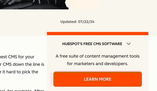 website pop-up examples: hubspot’s pop-up that reads “hubspot’s free cms software” and “learn more” cta button