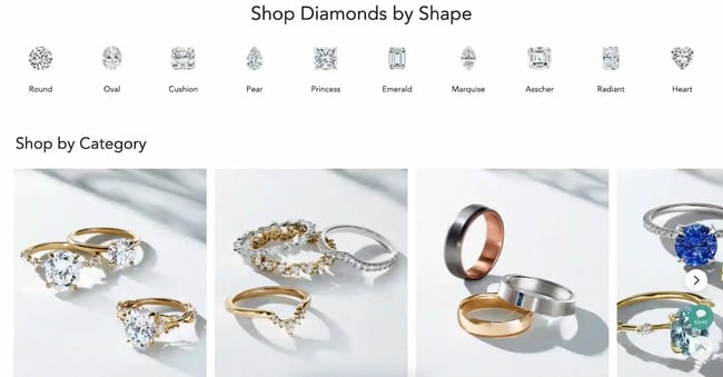 Brilliant Earth product display allowing you to shop for jewelry by shape