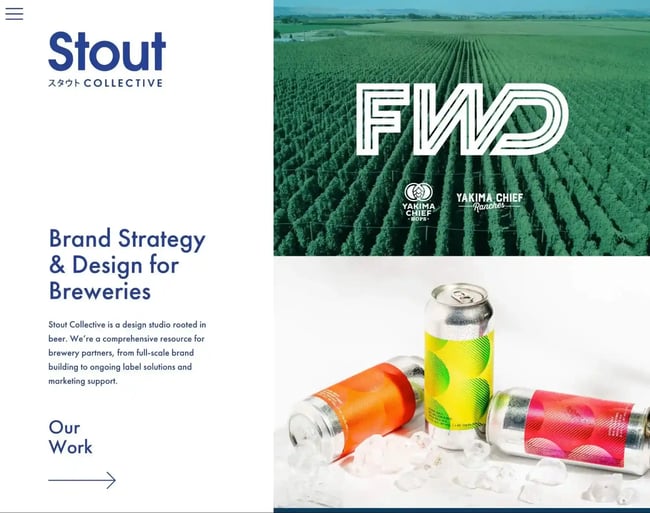 website layout examples, the vertical split-screen layout on the Stout Collective website