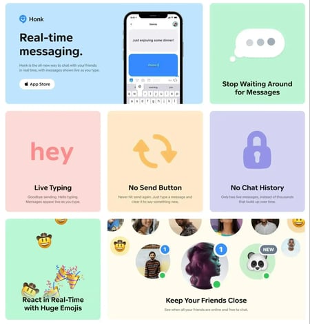 website layout examples, the Honk website layout, as archived by One Page Love