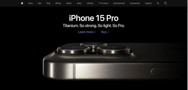 Apples website design layout uses a sticky header and a sectional layout