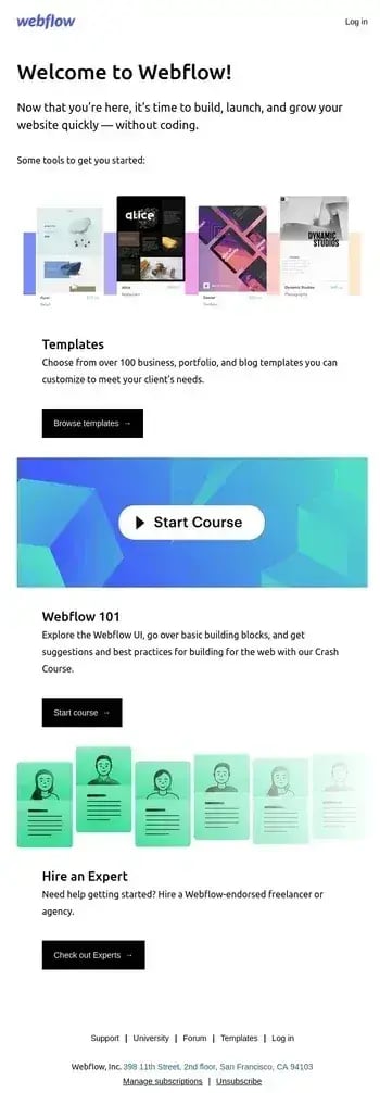 welcome email onboarding email example webflow