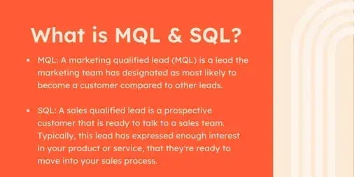 definitions of mql and sql. mql: a lead the marketing team has designated as most likely to become a customer compared to other leads. sql: a prospective customer that is ready to talk to the sales team. typically, this lead has expressed enough interest in your product or service, that they’re ready to move into your sales process