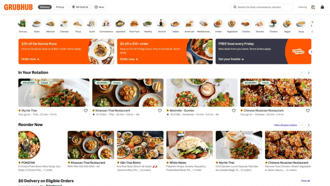 Grubhub delivery app homepage showing food categories, promotional offers, restaurant recommendations, and reorder options