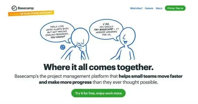 Basecamp project management platform homepage with cartoon illustration of two team members discussing workflow and collaboration