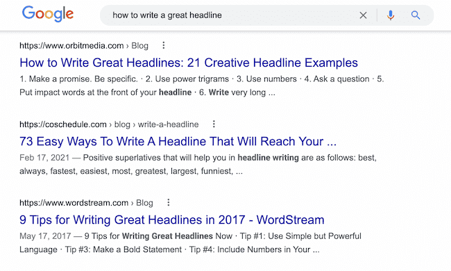 SERP examples for the keyword How to write great headlines to help users understand what is a page title in SEO.