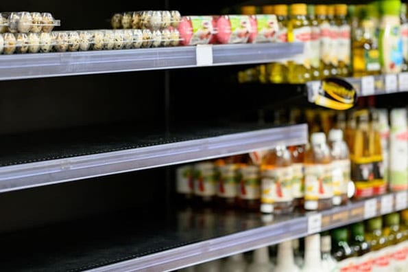 Grocery aisle shelves go bare when the store deals with a sales backlog.