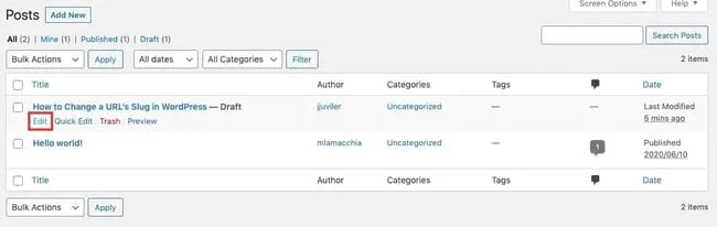 what is a slug in wordpress: Click edit to edit draft in WordPress to continue process for changing URL slug