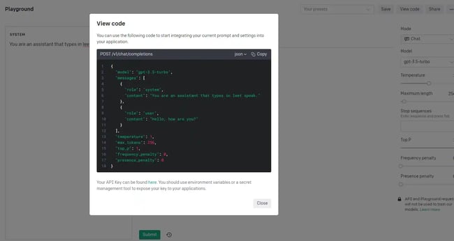  The view code feature in OpenAIs Playground
