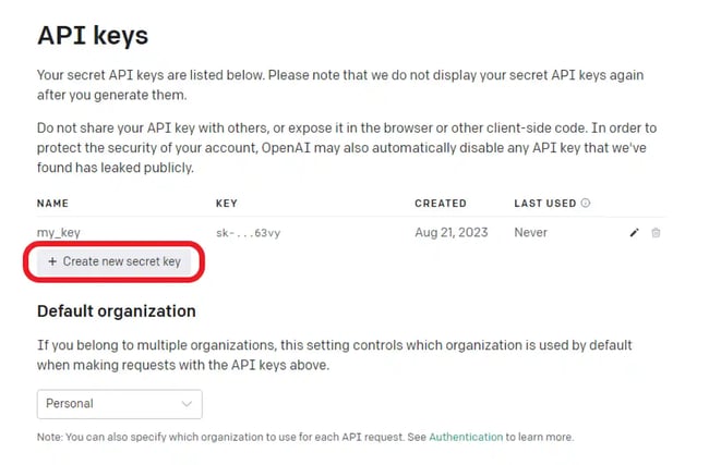 Clicking create new secret key to get an API key