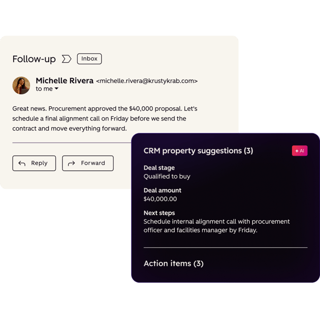 HubSpot's self-updating CRM suggesting deal-stage, amount, and next-step property updates from a follow-up email