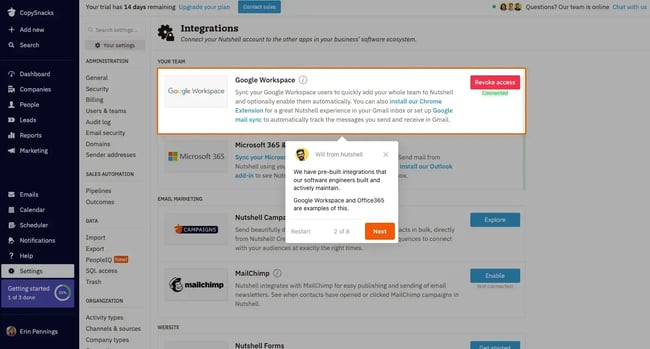 window for the integration of Nutshell CRM with Gmail