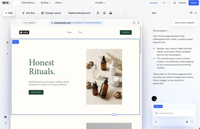 wix ai site builder aria, blog setup