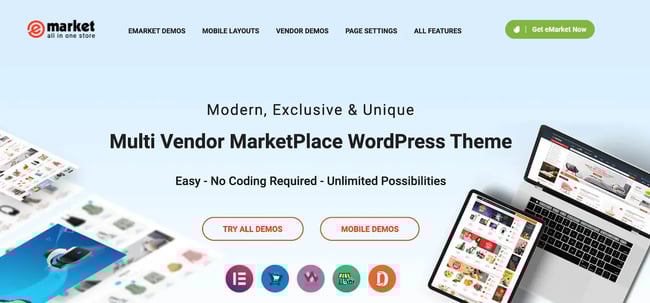 eMarket WordPress Marketplace theme homepage featuring the tagline, computer screen, and example of the the theme layout