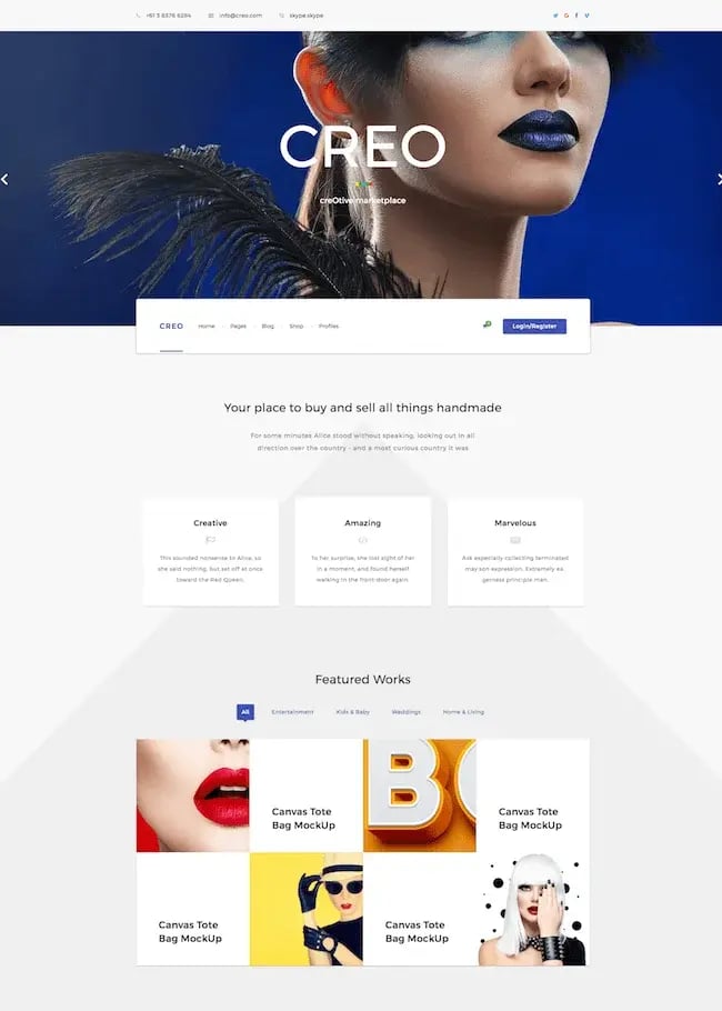 Creo WordPress Marketplace theme homepage featuring the tagline, computer screen, and example of the the theme layout