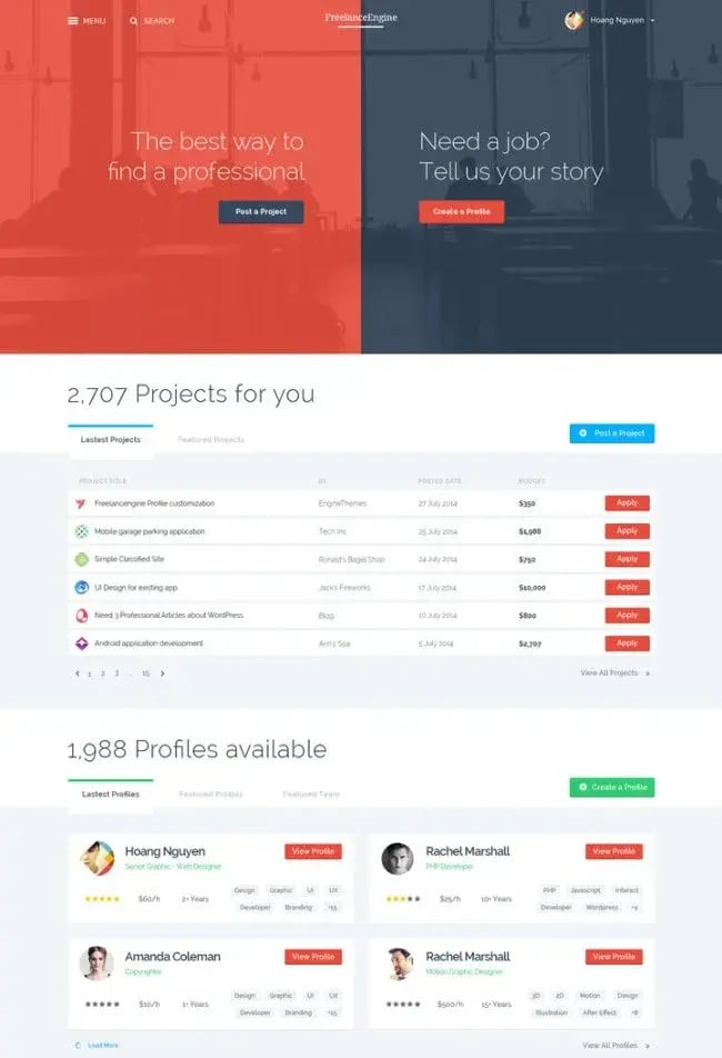 Freelance Engine WordPress Marketplace theme homepage featuring the tagline, computer screen, and example of the the theme layout