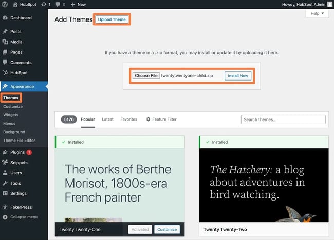 wordpress child theme, install theme