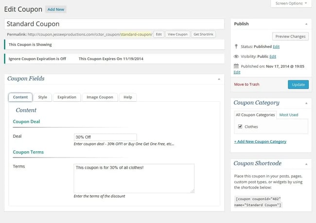 WordPress coupon plugin; Coupon Creator plugin dashboard