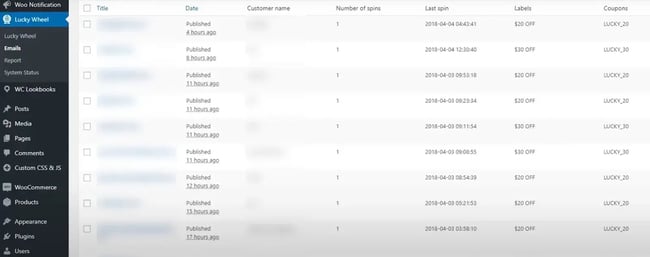 WordPress coupon plugin; Lucky Wheel for WooCommerce plugin dashboard