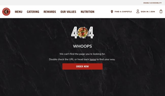 wordpress custom 404 page, Custom 404 page example from Chipotle with branded error messaging and CTA button