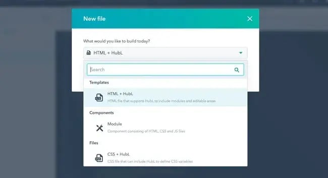 wordpress custom 404 page, HubSpot CMS new file dialog showing HTML and HubL template options for 404 page