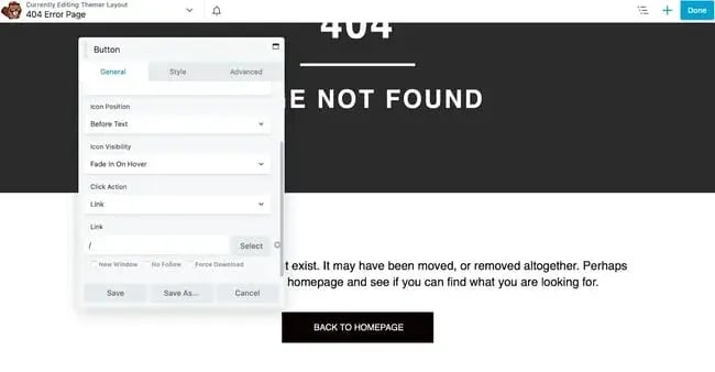 wordpress custom 404 page, beaver builder themer editing custom 404 error page with button module settings