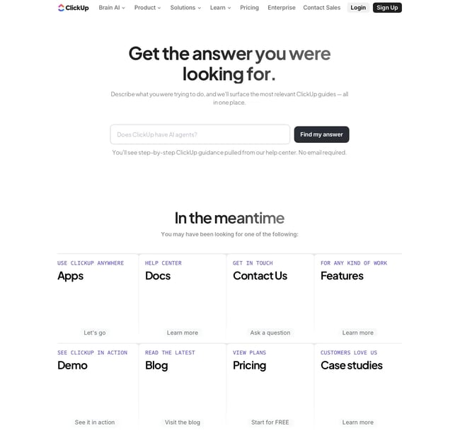 wordpress custom 404 page, clickup 404 error page example with search bar and navigation links