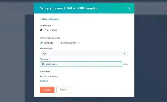 wordpress custom 404 page, hubspot template configuration dialog for creating 404 error page template