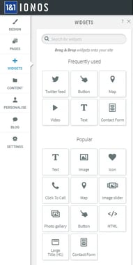 Website builder Ionos widgets in dashboard
