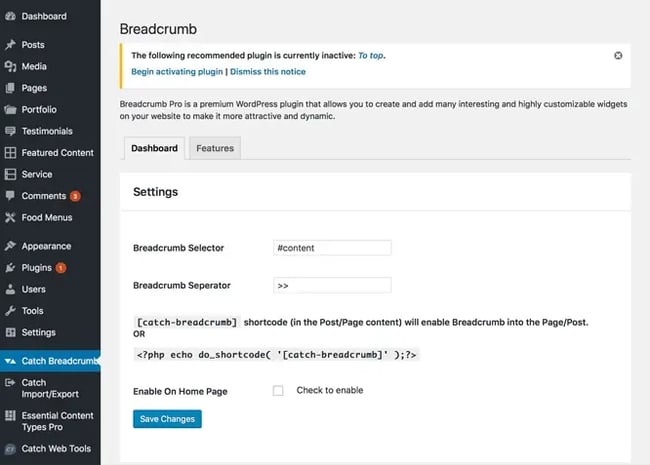 wordpress breadcrumbs: selecting NavXT in the wordpress sidebar