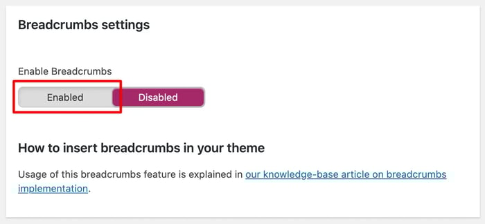 the button to enable wordpress breadcrumbs in the Yoast SEO wordpress plugin