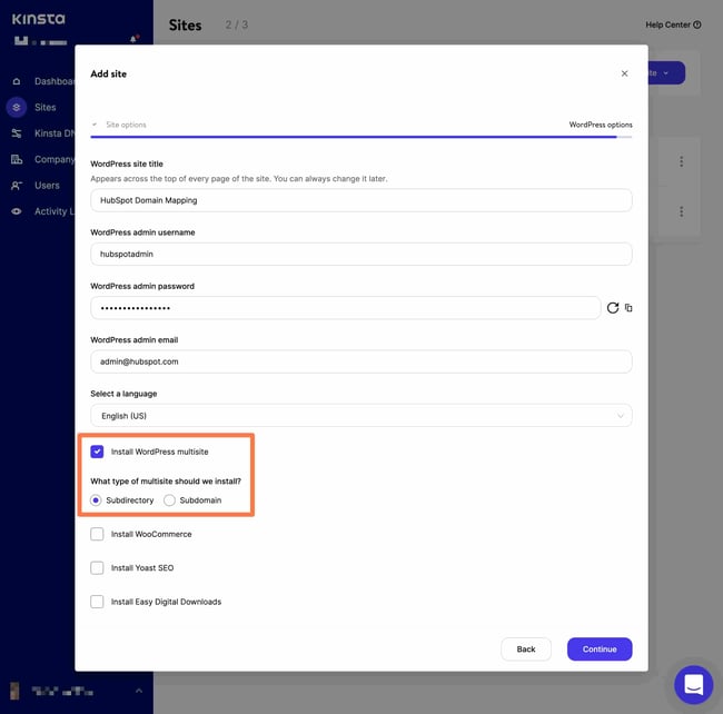 WordPress multisite domain mapping: Kinsta install 