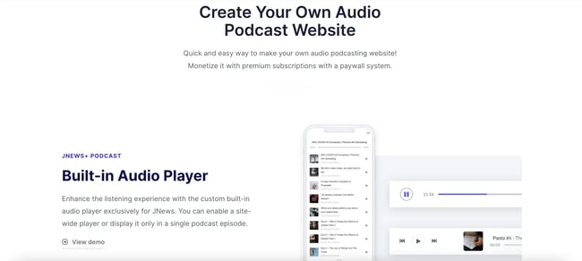  podcast wordpress plugin: Jnews. Image shows the Jnews homepage. 