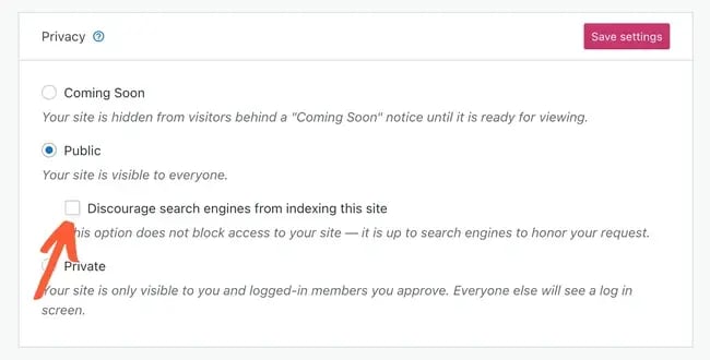 wordpress seo: image shows the button where you can opt to discourage search engines from indexing your site. 