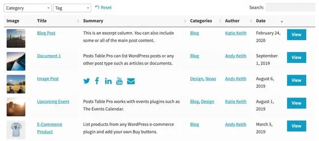 WordPress responsive table plugin product page: Posts Table Pro