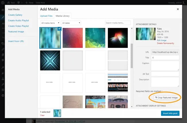 WordPress featured image plugin, Crop-Thumbnails button
