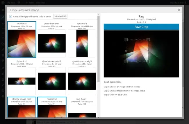 WordPress featured image plugin, Crop-Thumbnails interface