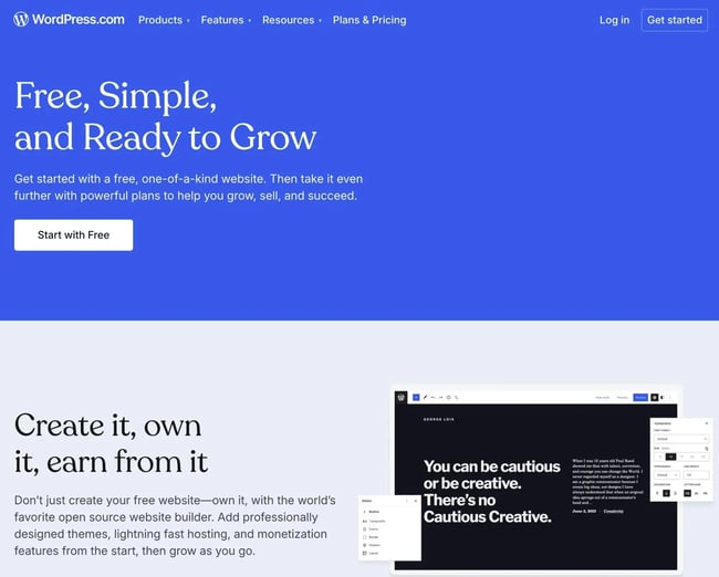 wordpress.com offers free subdomains and a free custom domain for one year with paid plans