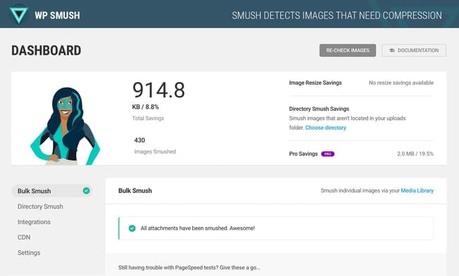 dashboard for the wordpress plugin smoosh